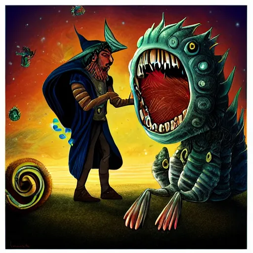 Image similar to wizard fighting a giant larva monster, digital art