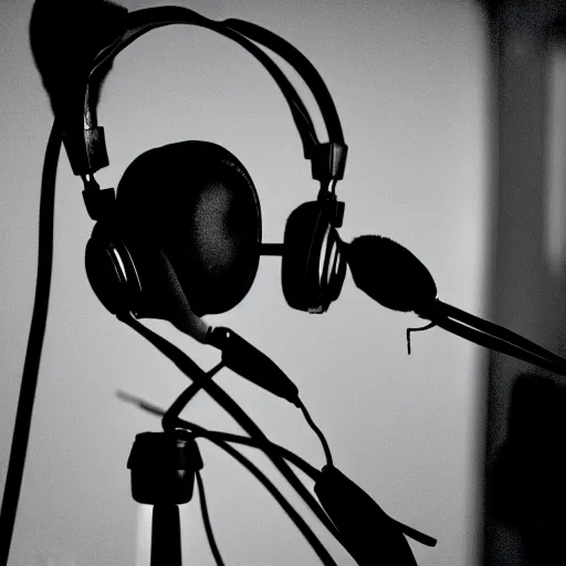 Image similar to A photograph of a bird wearing headphones and speaking into a high-end microphone in a recording studio.