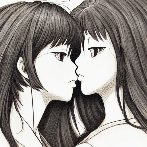 Image similar to portrait of two girls kissing, detailed manga art