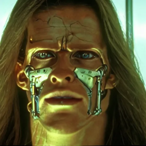 Image similar to long haired cyborg with damaged face. Cinematic lighting. Still from Terminator 2 ending scene