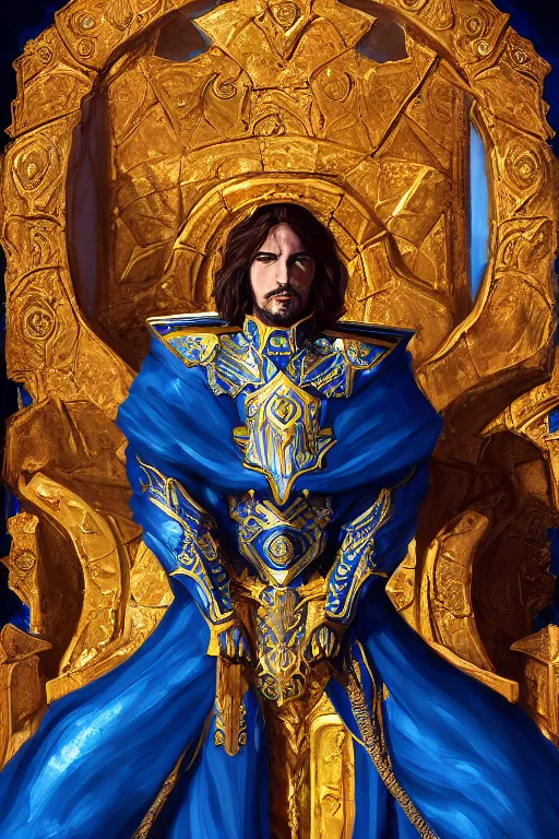 Prompt: Half-length portrait of the azur emperor sitting on its throne. Blue clothing, gold heavy armor. Dramatic, bloom, shadows. High fantasy, digital art, HD, 4k, detailed, illustration.