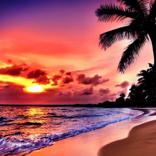 Prompt: beautiful sunset with palm trees sand