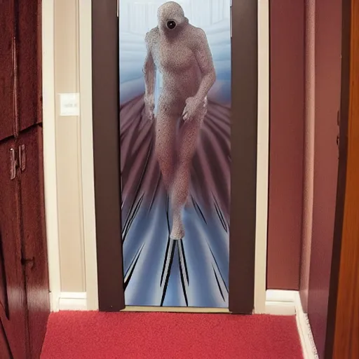 Prompt: portal door on the carpet opening to other dimensions, an alien coming out of the portal, scary