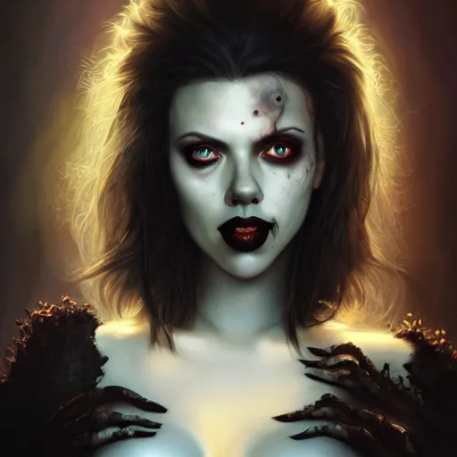 Image similar to detailed portrait of scarlett johansson as a cute undead zombie goth monster girl, beautiful, fantasy, intricate, elegant, highly detailed, digital painting, artstation, concept art, matte, sharp focus, illustration, art by aenaluck, artgerm and roberto ferri and greg rutkowski, epic fantasy, digital painting