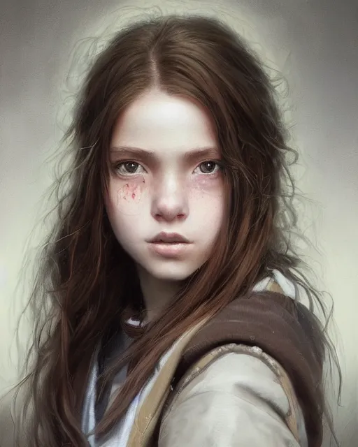 Image similar to portrait of 1 5 - year - old girl with voluminous bushy brown hair, large front teeth, and bright piercing brown eyes, hyper realistic face, beautiful eyes, fantasy art, in the style of greg rutkowski, intricate, hyper detailed, smooth