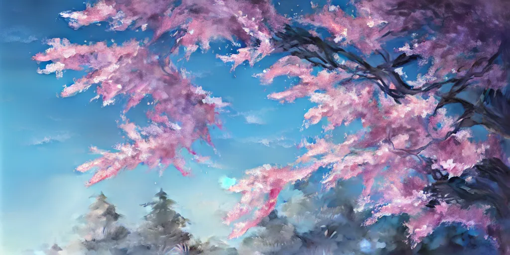 Image similar to a sakura tree, detailed oil painting, cinematic angle, hyperrealistic, breathtaking, volumetric lighting, cinematic lighting, dynamic, Studio Ghibli, digital art, octane render, epic composition, trending on artstation, masterpiece