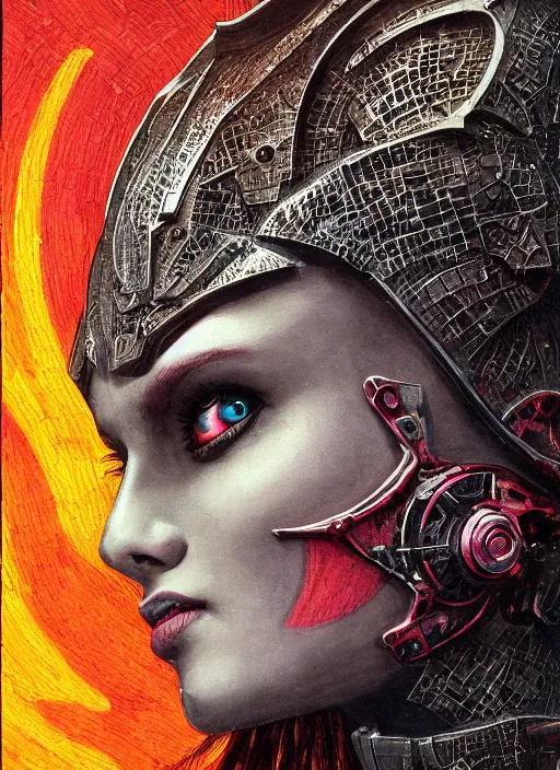 Prompt: symmetry! middle closeup chamber portrait of a biblical diabolical girl!! stylish cyborg armor, pirate spaceship, heavy eyes to the side, closeup, bright glowing eyes, in clouds, rain, sunset, by gerald brom, by mikhail vrubel, by peter elson, muted colors, extreme detail, mirrors, trending on artstation, 8 k