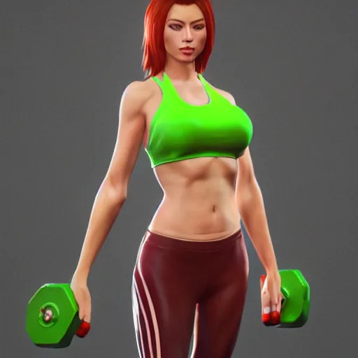 Prompt: 3 d render of a full female body, a redheaded woman with an shoulder length wavy, sexy green eyes, lithe body, wearing fitness gear, dead or alive 6, tekken 7, rumble roses, muscular legs, highly detailed, artstation, super realistic, unreal engine, keyshot