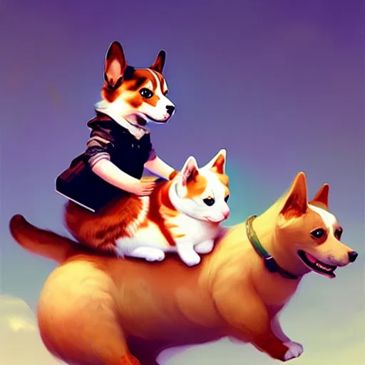 Image similar to tiny cat girl riding on the back of a giant corgi by greg rutkowski