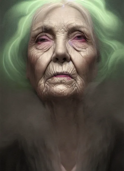 Prompt: an ethereal, misty portrait of an old woman whose face is accented with neon - toned glowing eyeliner. the makeup floats off her face and joins swirling clouds of smoke and fog, becoming an aurora. muted tones. surreal portrait, cinematic lighting, 8 k, smooth, sharp focus, digital painting, rendered in octane, painted by tom bagshaw, artgerm