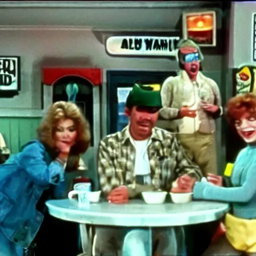 Image similar to screenshot of the crying family with the mallard in Al's diner from 70s comedy TV show unhappy days