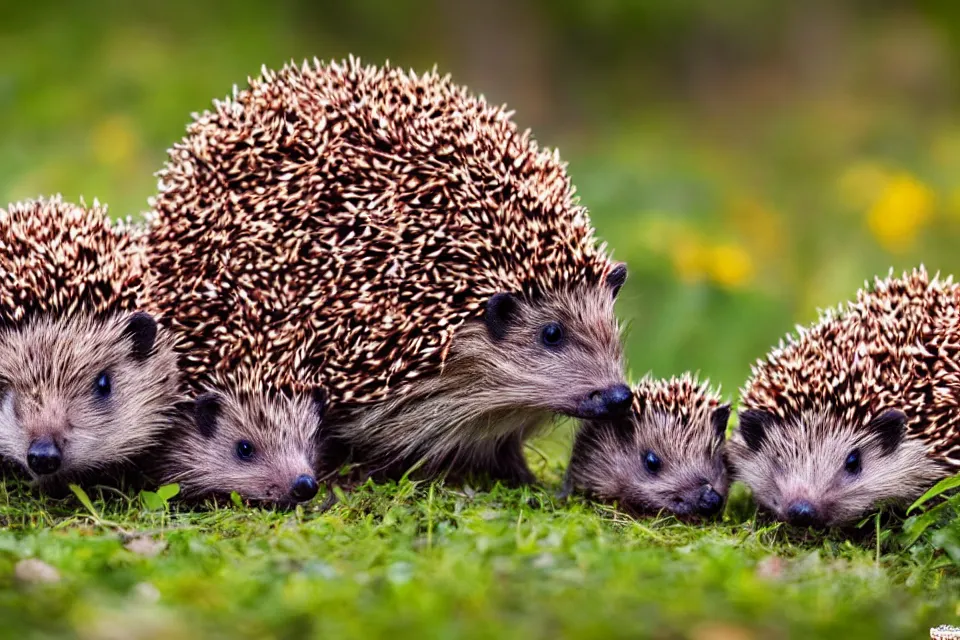 Image similar to a cute family of colourful hedgehogs, nature photography, 4k, HD photography