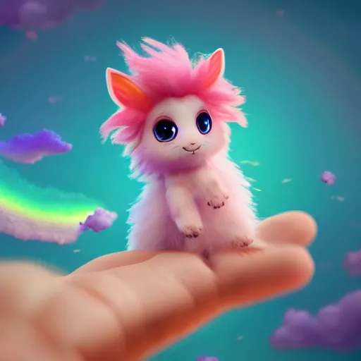 Prompt: cutest tiny fantasy cloud animal, with sprouting rainbow hair, hd, japanese anime artist drawn, dlsr, dream animal cute eyes, trending on artstation, cotton candy, octane render, cinematic