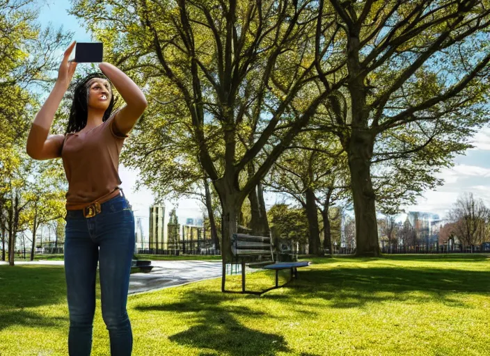 Image similar to photo still of a bronze statue of a woman using an iphone to take a selfie in a park on a bright sunny day, 8 k 8 5 mm f 1 6