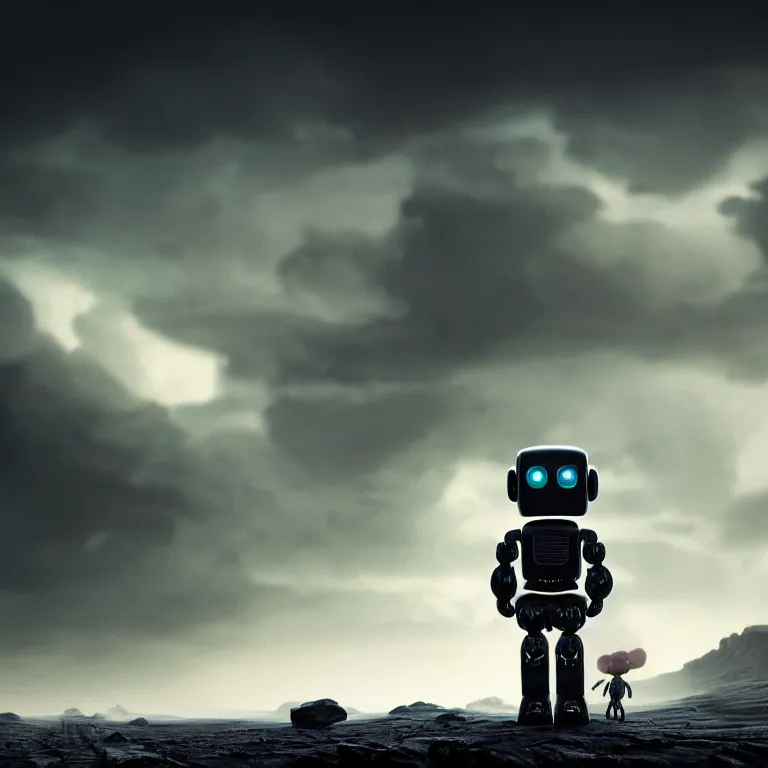 Prompt: surreal of a lonely robot wandering in the wasteland on exoplanet, dark clouds, dark washed colors tint, dream-like heavy atmosphere, baroque painting, beautiful detailed intricate insanely detailed octane render trending on Artstation, 8K artistic photography, photorealistic, dramatic volumetric cinematic perfect light, chiaroscuro, award-winning photograph, masterpiece, Raphael, Caravaggio, Beksinski, Giger