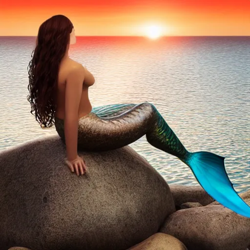 Image similar to a beautiful photo of a mermaid sits on a rock and stares at the island, sunset lighting, hyper realistic, 1 0 5 mm, amazing