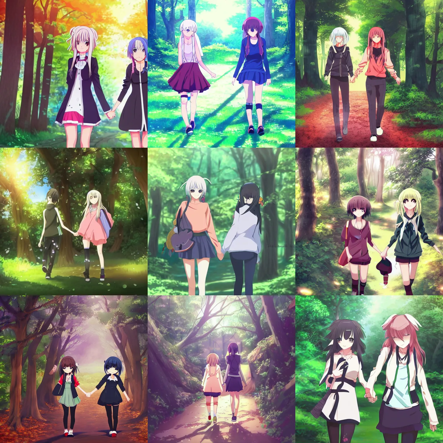 Prompt: an anime - style portrait of two cute girls walking through the forest while holding hands, anime key visual, round face, trending on pixiv