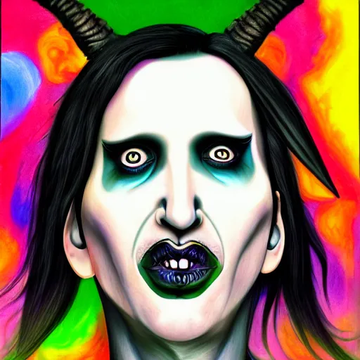 Image similar to an extremely psychedelic portrait of marilyn manson as baphomet, surreal, lsd, face, detailed, intricate, elegant, lithe, highly detailed, digital painting, artstation, concept art, smooth, sharp focus, illustration,