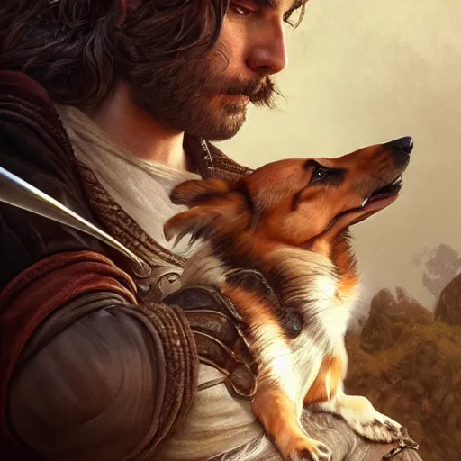 Prompt: portrait of a young, ruggedly handsome swordsman with a corgi head, soft hair, muscular, half body, leather, hairy, d & d, fantasy, intricate, elegant, highly detailed, digital painting, artstation, concept art, smooth, sharp focus, illustration, art by artgerm and greg rutkowski and alphonse mucha