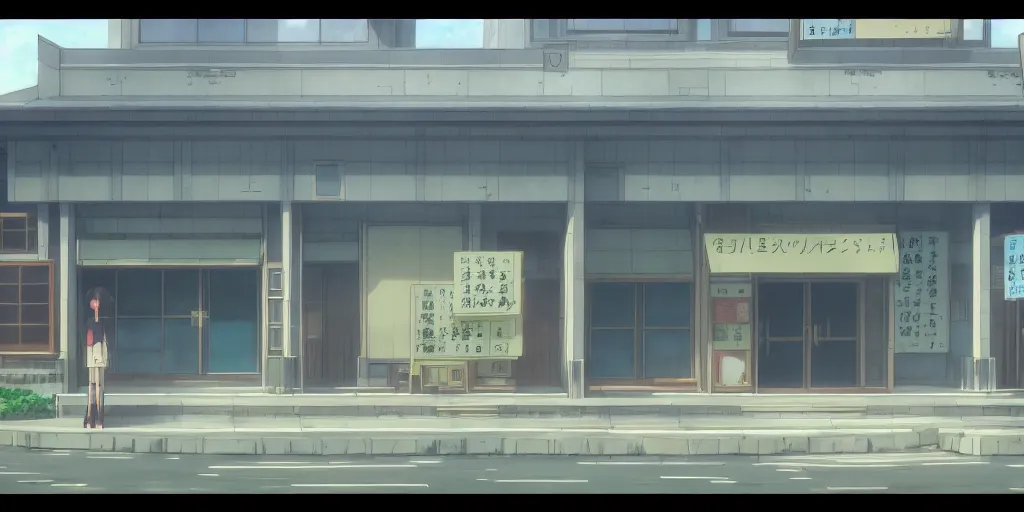 Image similar to close up front view of a japanese building facade with signs on it, a screenshot from the anime film by Makoto Shinkai