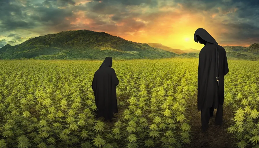 Image similar to the grim reaper walking in a cannabis field, sunset, global illumination, hyper - realistic, insanely detailed and intricate, cinematic, 8 k