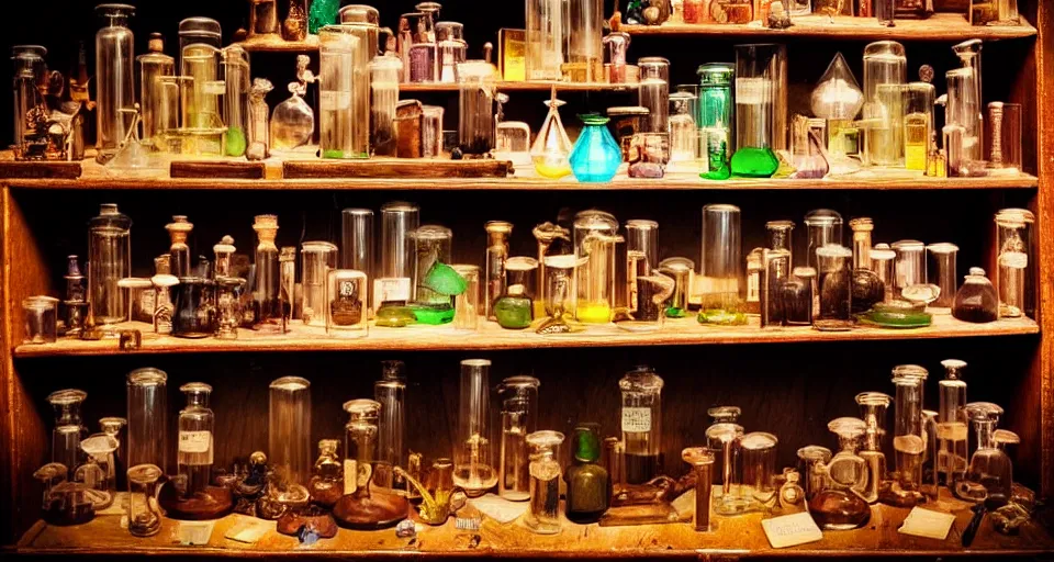 Image similar to a bookshelf of wonderful magical experiments, located in a wizard's shop, full of trinkets and magical potions flasks vials, bubbling liquids, smoking vessels