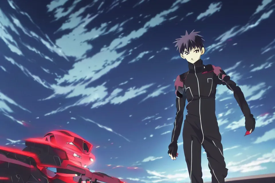 Image similar to anime illustration of lonely ikari shinji standing menacingly on an empty highway wearing a black plugsuit, cinematic lighting, evangelion anime poster, rebuild of evangelion 1 0 8 0 p, 9 0 s anime aesthetic, volumetric lights, rule of thirds, unreal engine render, pinterest wallpaper, trending on artstation