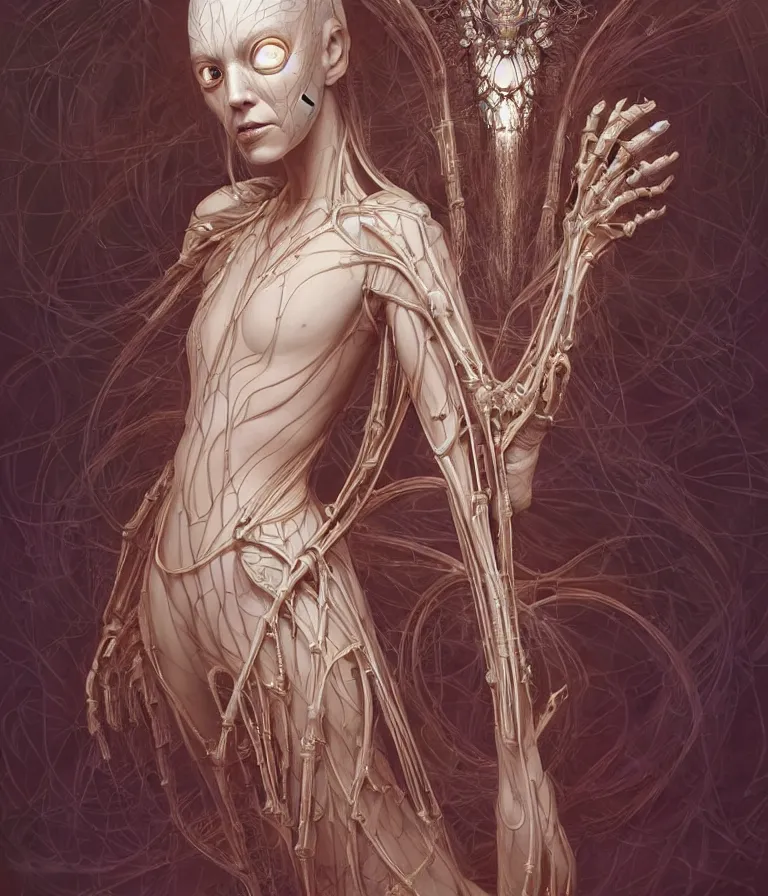 Image similar to fully symmetrical centered portrait of a beautiful princess in robe. artificial muscles, ribcage, bones, hard surface modelling. cyberpunk look. biomechanical mask. bio luminescent biomechanical halo around head. jellyfish. artwork by jarold Sng by artgerm, by Eddie Mendoza, by Peter mohrbacher by tooth wu by alfons mucha, unreal engine, octane render, cinematic light, iridescent details, iridescent colors, dichroic, macro, depth of field, blur