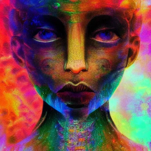 Image similar to beautiful detailed artistic portrait of a person travelling between different astral planes. grainy and rough. fine detail. soft colour scheme. artistic painting by lurid ( 2 0 2 2 ). featured on deviantart.