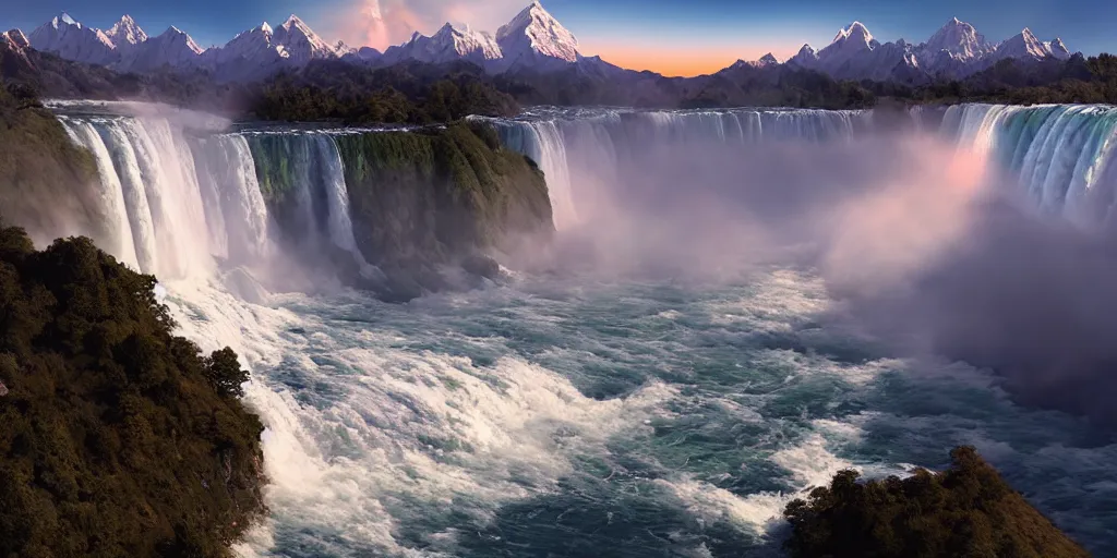 Prompt: cascade of multiple gigantic niagara falls in the himalaya, epic mountains, dawn, sunrise colors, fantasy illustration, matte painting, concept art, low angle shot, volumetric lighting, volumetric atmosphere, morning mist, art by james gurney, unreal engine 5, 8 k