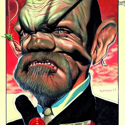 Image similar to portrait of vladimir lenin as evil gremlin by vincent di fate, artgrem, glenn fabry, jason edmiston, vivid colors, retro, comic book