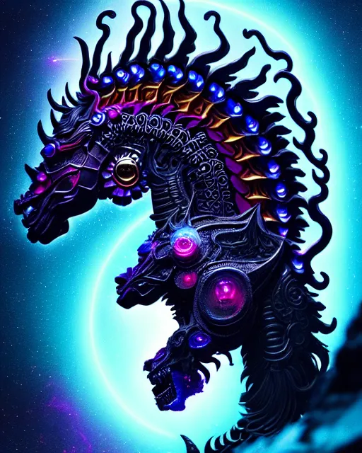 Image similar to 3 d ornate carved dark cosmic horse with profile portrait, sigma 5 0 0 mm f / 5. beautiful intricate highly detailed quetzalcoatl skull. bioluminescent, plasma, lava, ice, water, wind, creature, thunderstorm! artwork by tooth wu and wlop and beeple and greg rutkowski, 8 k trending on artstation