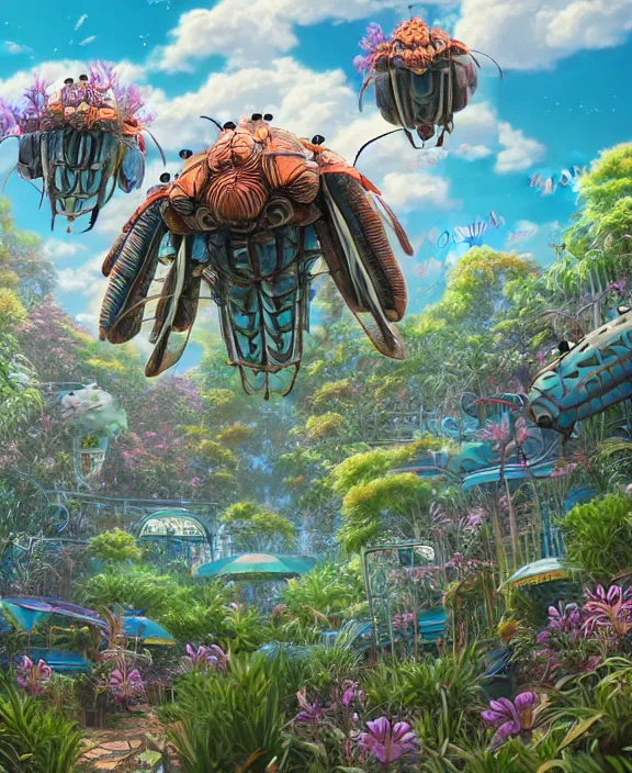 Prompt: an amusement park made out of seamless isopod dragonflies, in the style of a puffy robot, overgrown with orchids, partly cloudy, somber, dramatic lighting, by dan mumford, yusuke murata, makoto shinkai, ross tran, cinematic, unreal engine, cel shaded, featured on artstation, pixiv