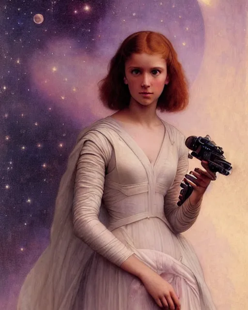 Image similar to a realistic portrait painting of a thoughtful girl resembling a young, shy, redheaded alicia vikander or millie bobby brown as a space princess wearing an incredible gown on a starship, from the latest star wars movie, highly detailed, intricate, by bouguereau, alphonse mucha, and donato giancola