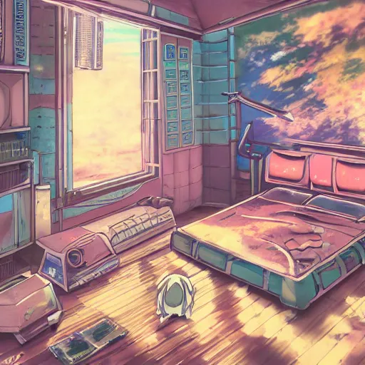 Image similar to painted anime background of the interior of a bedroom in the slums built from various coral seashells and being reclaimed by nature, nostalgia, vaporwave, litter, steampunk, cyberpunk, caustics, anime, vhs distortion, art created by miyazaki