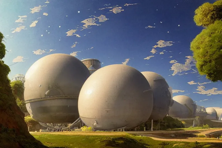 Image similar to a beautiful impressive science fiction big factory with a spherical architecture designed by boeing military and star wars with fat cables and pipes at its base, on a beautiful green hill in a the french countryside during spring season, painting by studio ghibli backgrounds and frederic edwin church hd, nice spring afternoon lighting, smooth tiny details, soft and clear shadows, low contrast, perfect