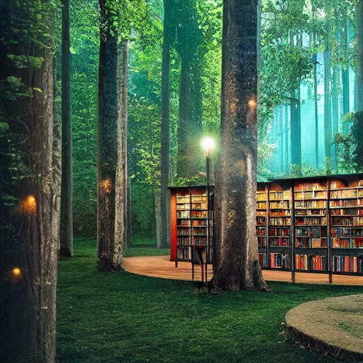 Prompt: magical library with a forest outside