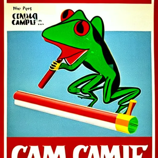 Prompt: A 1960s poster for Camel cigarettes with Camel Joe as a frog smoking a cigarette