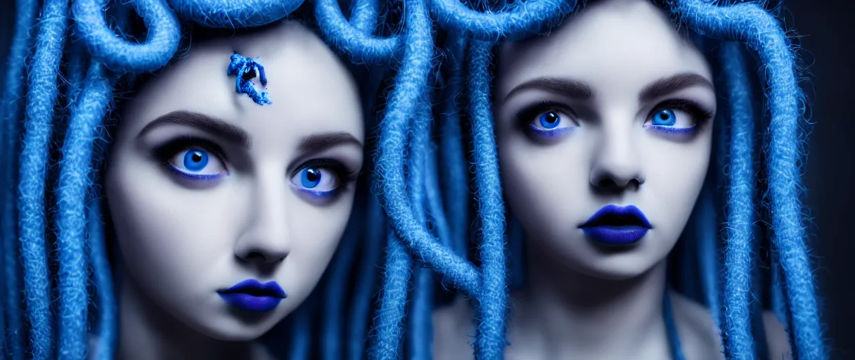 Image similar to hyperrealistic high quality photo close-up portrait of a cute blue gothic medusa with round puppy eyes sharp cinematic lighting 8k low angle shallow depth of field