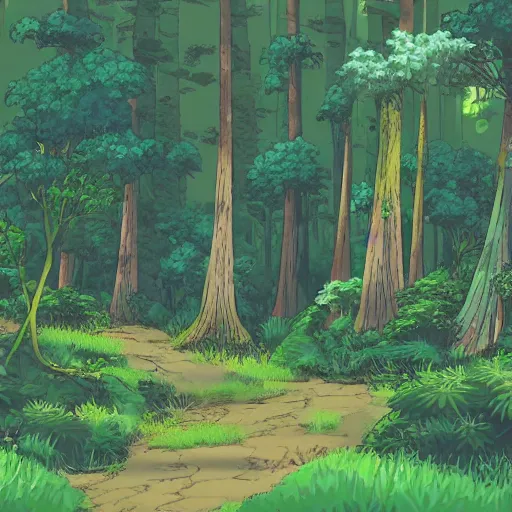 Prompt: a forest clearing with lush flora in the style of studio ghibli, anime
