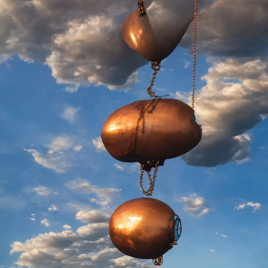 Image similar to beautiful blimps! high in the sky, copper chains hanging from the edges, ( ( steampunk styled ) ), golden hour, steam clouds, clouds, award winning photography, highly detailed, low poly, extremely wide angle