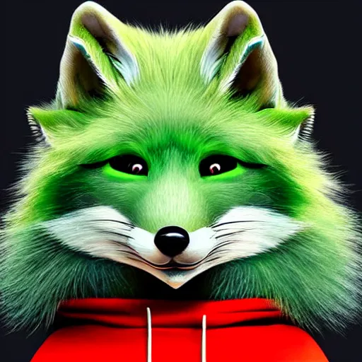 Image similar to close up of photorealistic green fox with green fur and magenta eyes, wearing a black hoodie, smoking weed