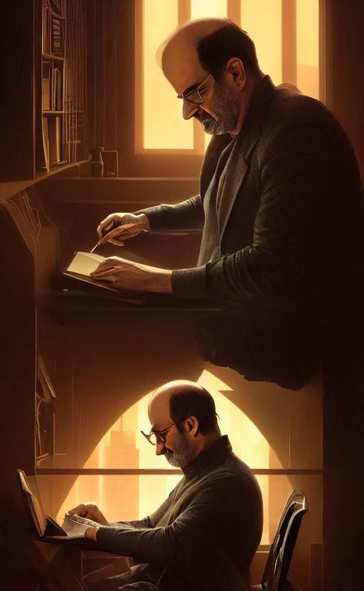 Image similar to portrait of salman rushdie writing in the dark, deep focus, blade runner 2 0 4 9, fantasy, intricate, elegant, highly detailed, digital painting, artstation, concept art, matte, sharp focus, illustration, art by artgerm and greg rutkowski and alphonse mucha