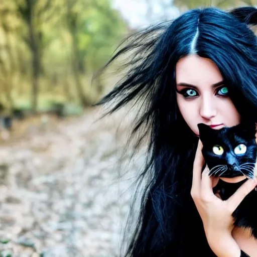 Image similar to a girl with long messy dark hair, messy goth make - up, shiny eyes, holding a cat in her arms, a stock photo by juan villafuerte, pexels contest winner, high quality photo, rtx, hd, rasquache
