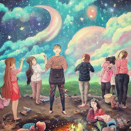 Image similar to A beautiful painting of a group of people gathered around a fire. They are all looking up at the night sky, where a bright star is shining beige by Hikari Shimoda eclectic