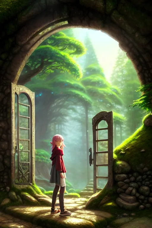 Image similar to a highly detailed matte painting of a teenager with shaggy hair and hip clothes standing in front of a stone gate in the elven forest ruins, by studio ghibli, by artgerm, by wlop, by greg rutkowski, red tones, volumetric lighting, octane render, 4 k resolution, trending on artstation, masterpiece