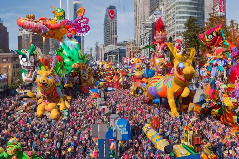 Image similar to photo of giant elaborate parade float characters designed by geoff darrow!!!! and ( ( ( ( ( ( lisa frank ) ) ) ) ) ), in the macys parade, detailed 4 k photo