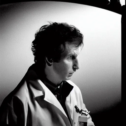 Prompt: a long shot, black & white studio photographic portrait of doctor who, dramatic backlighting, 1 9 9 3 photo from life magazine,