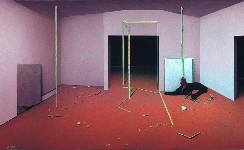 Prompt: an empty room in the style of constructivism, with a body on the floor, blurred, grotesque, doomed, neural acrylic paint, high resolution, gouache on canvas, ultra detailed, vibrant colors, grotesque, wrapped thermal background, art by francis bacon, beksinski painting