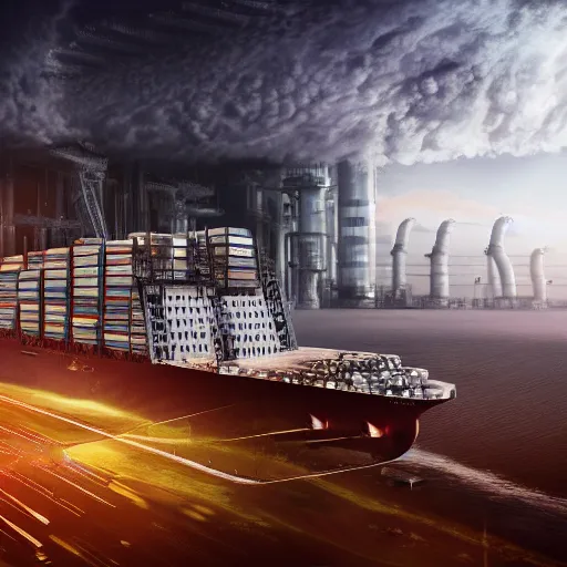 Image similar to photo of immense gigantic industrial futuristic cargo ship arrives at futuristic city sea port, dark cinematic lighting